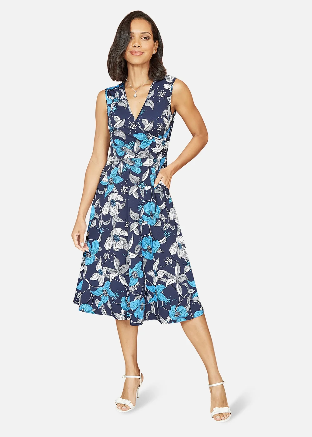 Mela Blue Floral Print Stretch Wrap Over Midi Dress With Pockets - 8 Image 1