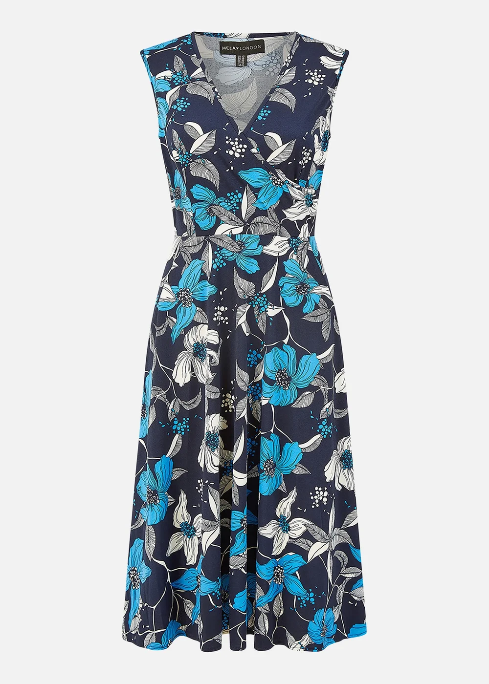 Mela Blue Floral Print Stretch Wrap Over Midi Dress With Pockets - 8 Image 3