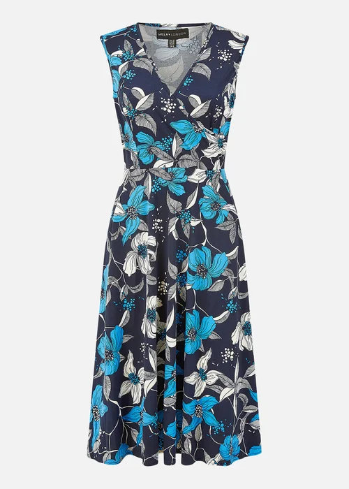 Mela Blue Floral Print Stretch Wrap Over Midi Dress With Pockets - 8 Image 3