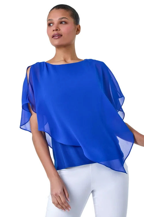 Roman Royal Blue Asymmetric Cold Shoulder Stretch Chiffon Top - Size 10 Image 1