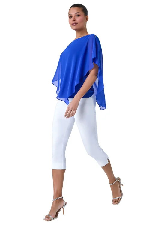 Roman Royal Blue Asymmetric Cold Shoulder Stretch Chiffon Top - Size 10 Image 2