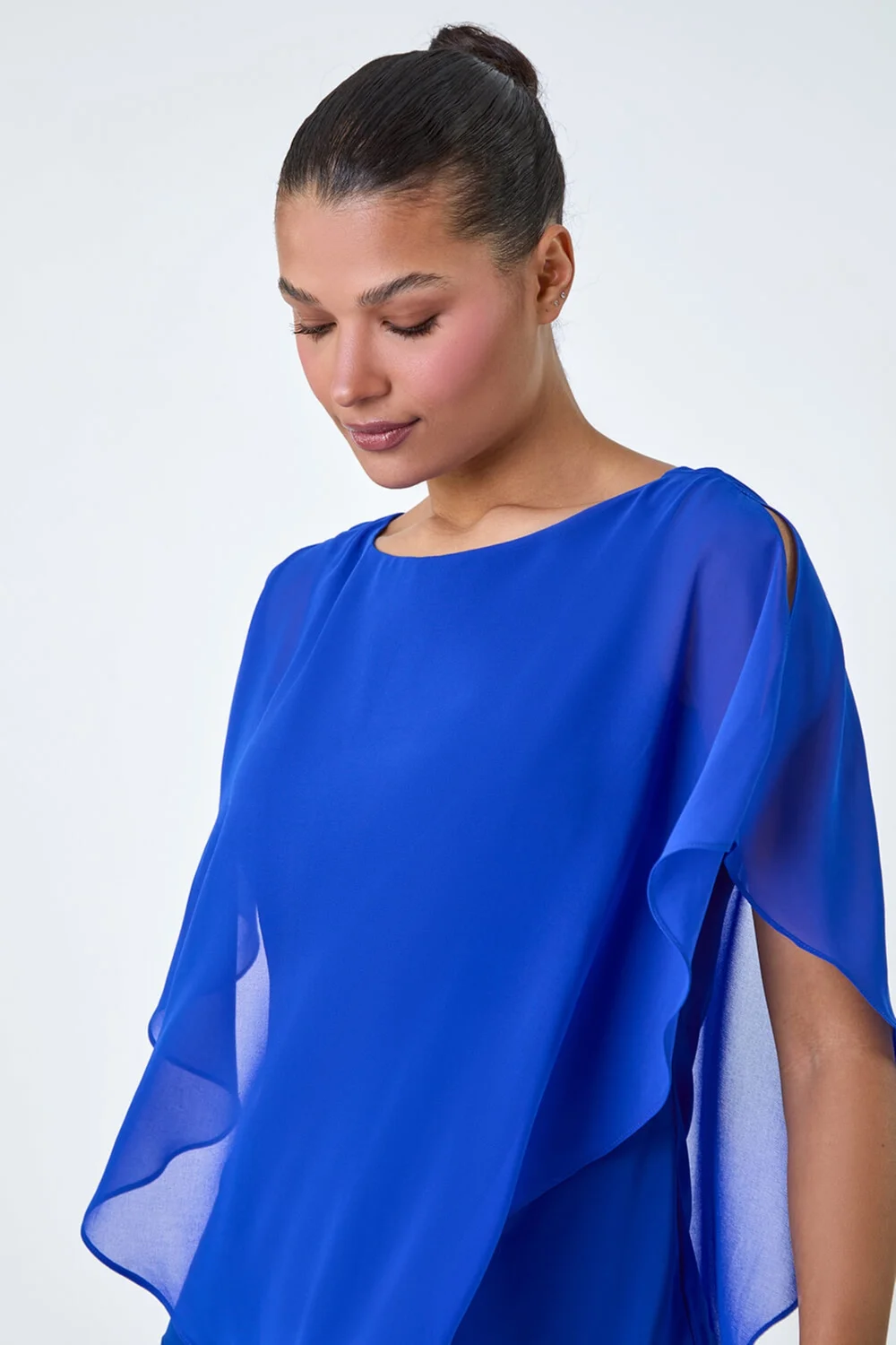 Roman Royal Blue Asymmetric Cold Shoulder Stretch Chiffon Top - Size 10 Image 3