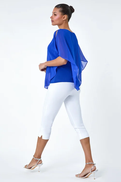 Roman Royal Blue Asymmetric Cold Shoulder Stretch Chiffon Top - Size 10 Image 4