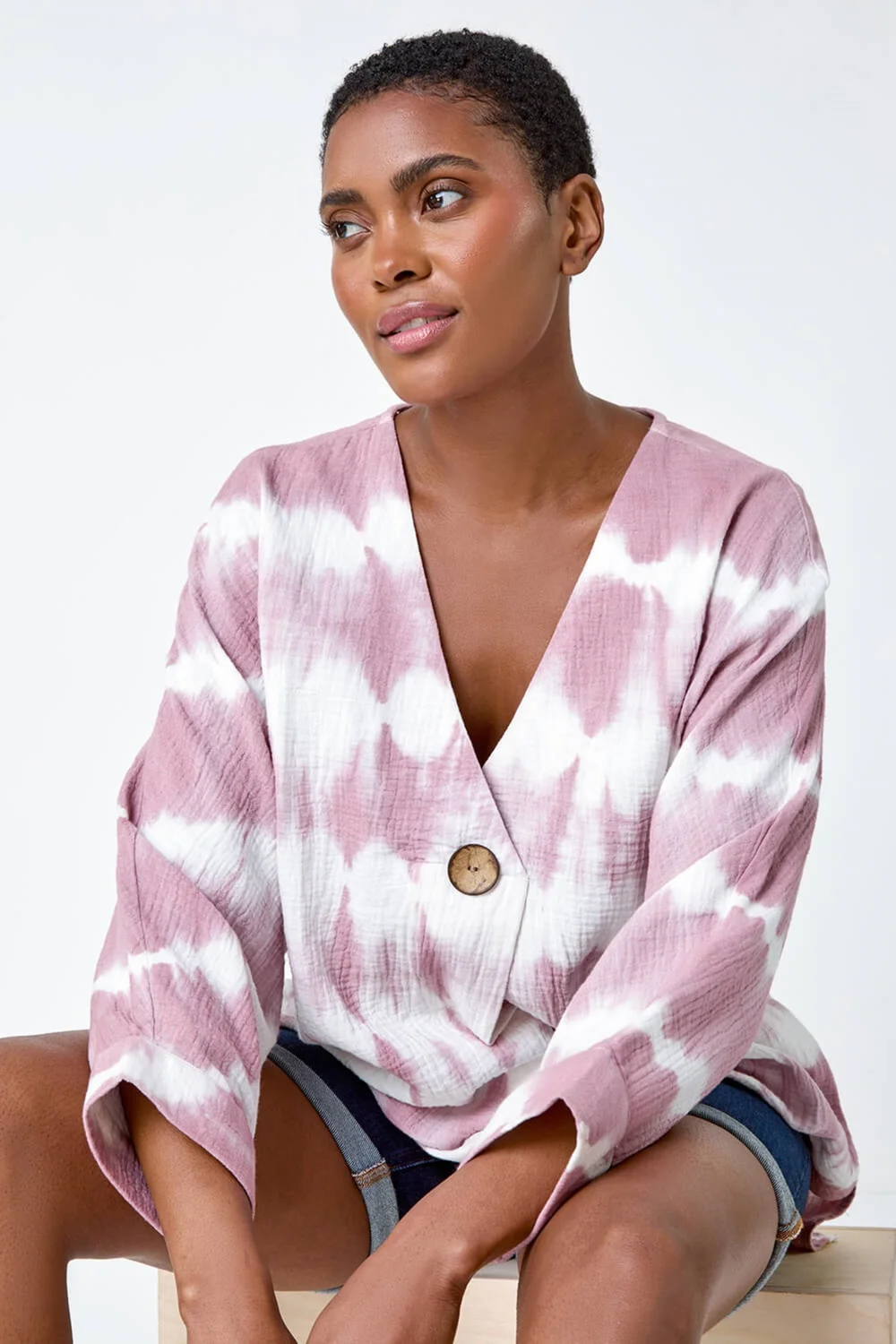 Roman Mauve Tie Dye Print V-Neck Tunic Top - 10 Image 3