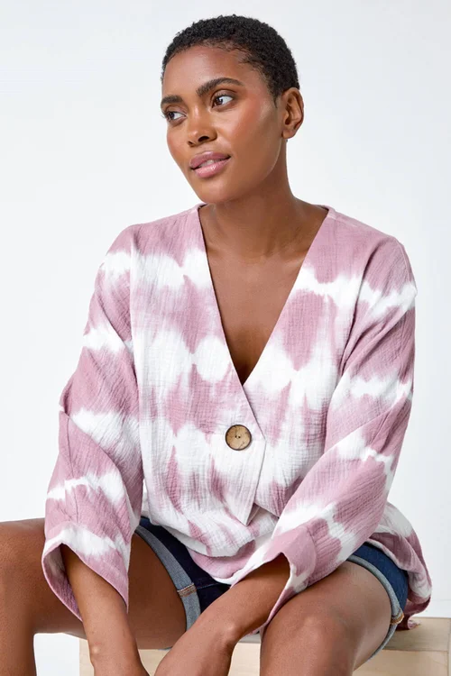 Roman Mauve Tie Dye Print V-Neck Tunic Top - 10 Image 3