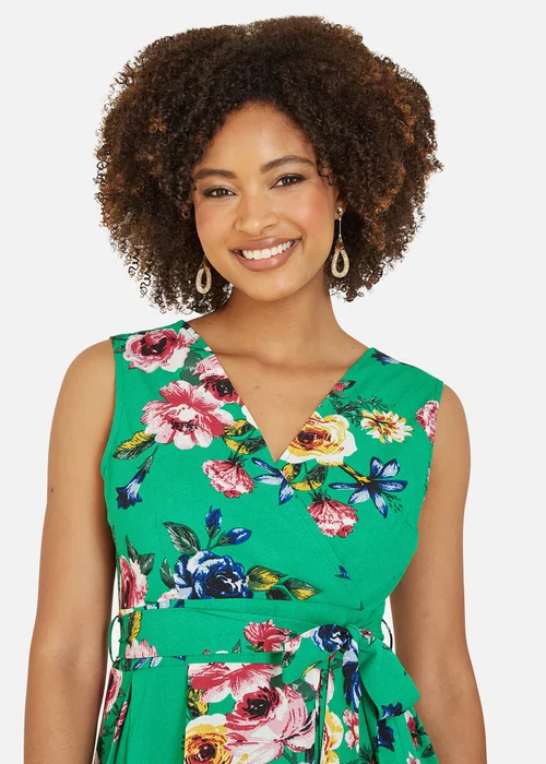 Mela Green Floral Wrap Over Midi Skater Dress - 8 Image 2