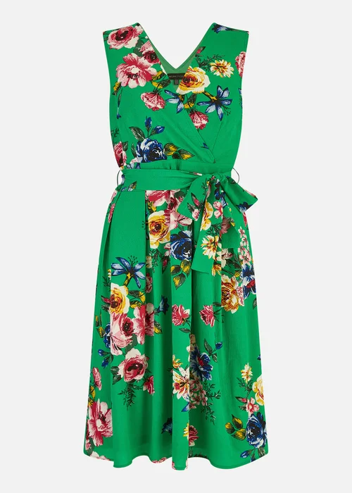 Mela Green Floral Wrap Over Midi Skater Dress - 8 Image 3
