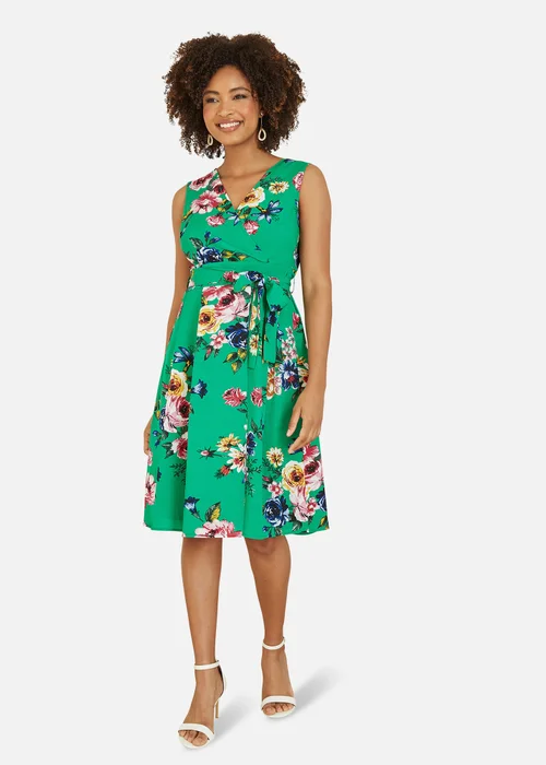 Mela Green Floral Wrap Over Midi Skater Dress - 8 Image 1