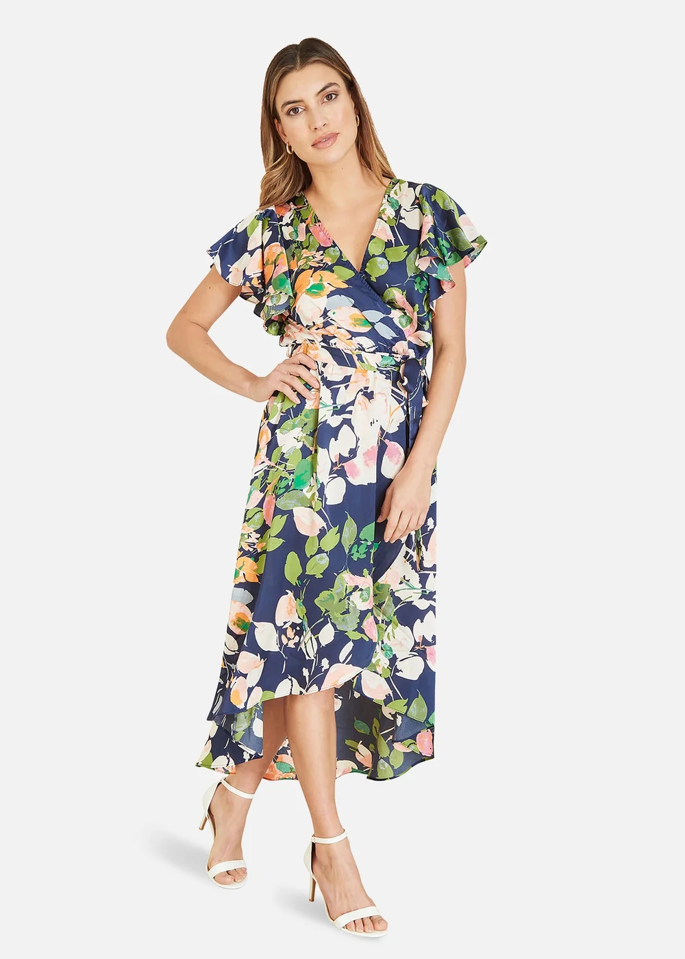 Mela Navy Floral Satin Wrap Over Dress With Frill Sleeve - 8 Image 1