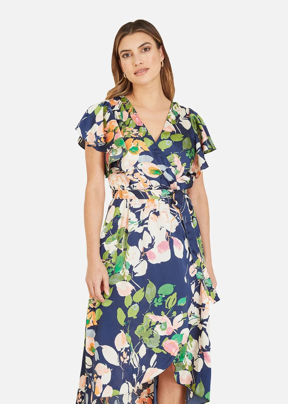 Mela Navy Floral Satin Wrap Over Dress With Frill Sleeve - 8 Image 2