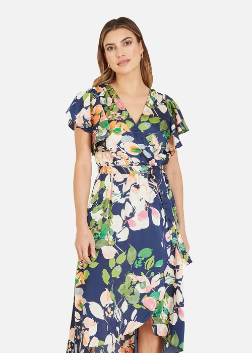 Mela Navy Floral Satin Wrap Over Dress With Frill Sleeve - 8 Image 2