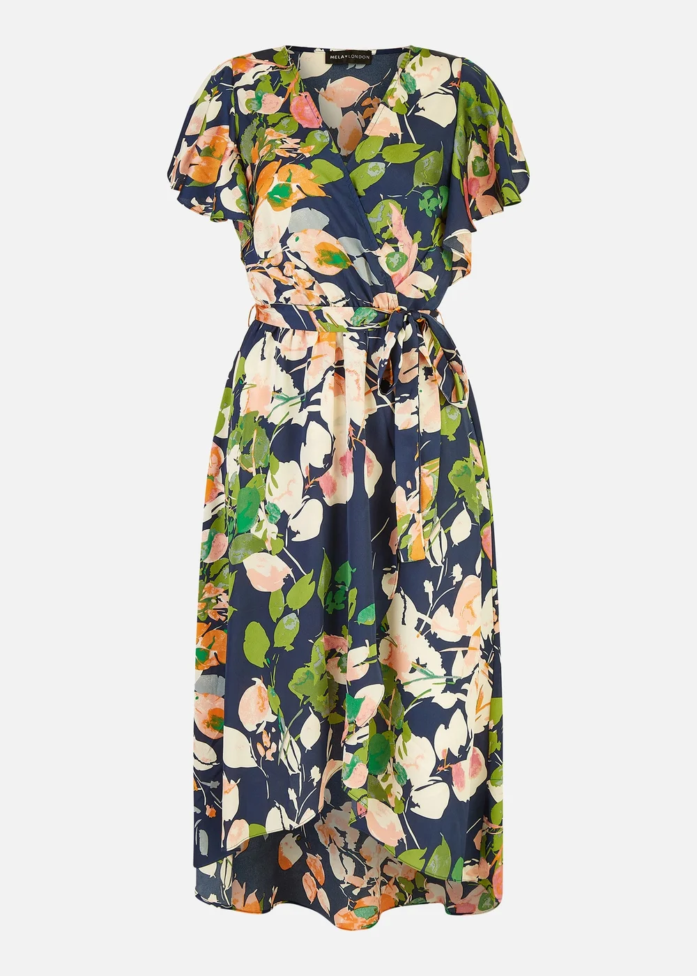 Mela Navy Floral Satin Wrap Over Dress With Frill Sleeve - 8 Image 3
