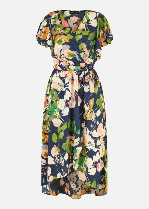 Mela Navy Floral Satin Wrap Over Dress With Frill Sleeve - 8 Image 3