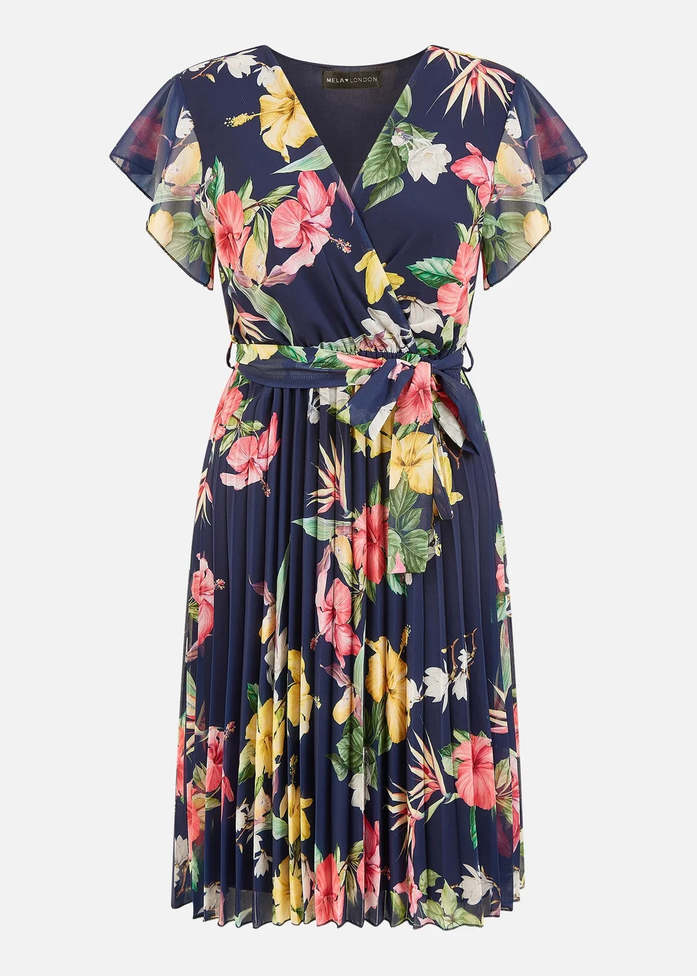 Mela Navy Floral Print Pleated Wrap Skater Dress - 8 Image 3
