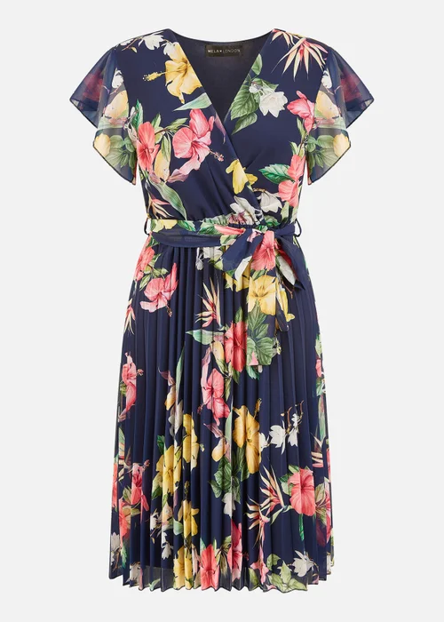 Mela Navy Floral Print Pleated Wrap Skater Dress - 8 Image 3