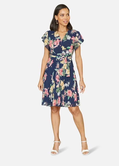 Mela Navy Floral Print Pleated Wrap Skater Dress - 8 Image 1