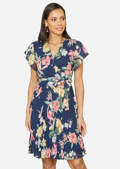 Mela Navy Floral Print Pleated Wrap Skater Dress - 8 Image 2