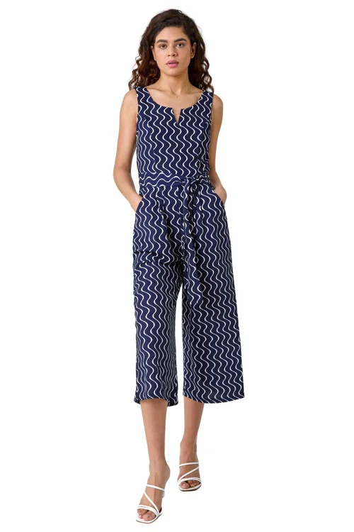 Roman Navy Belted Wave Print Cropped Jumpsuit - Size 10 Image 1