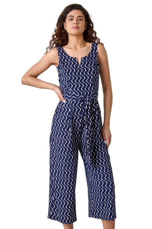 Roman Navy Belted Wave Print Cropped Jumpsuit - Size 10 Image 2