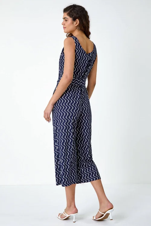 Roman Navy Belted Wave Print Cropped Jumpsuit - Size 10 Image 3