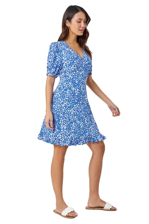 Roman Blue Floral Print Frill Hem Tea Dress - 22 Image 2