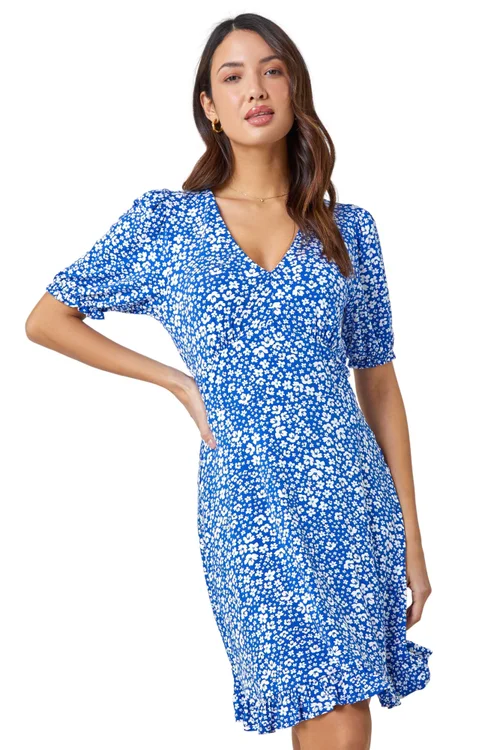 Roman Blue Floral Print Frill Hem Tea Dress - 22 Image 1