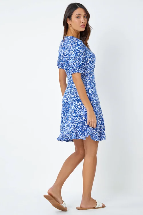 Roman Blue Floral Print Frill Hem Tea Dress - 22 Image 3