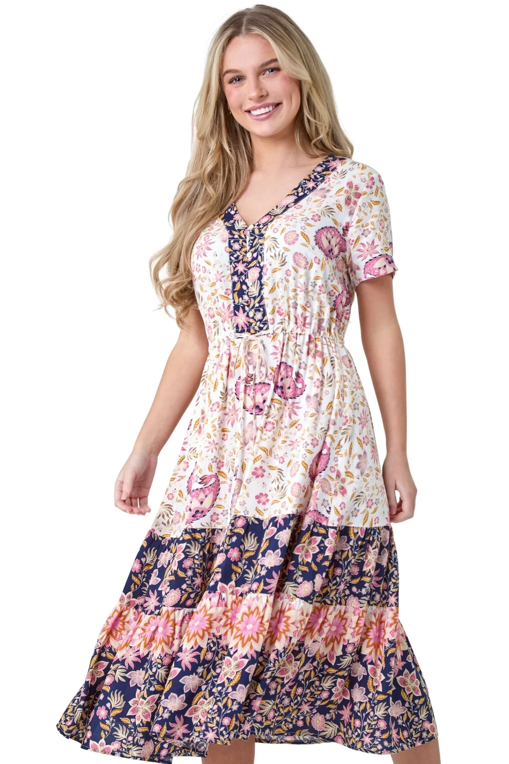 Roman Light Pink Petite Floral Border Print Midi Dress - 8 Image 2