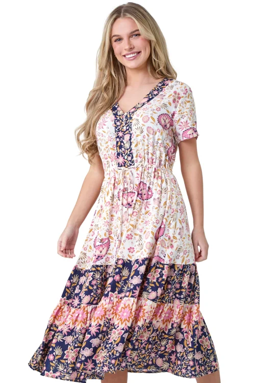 Roman Light Pink Petite Floral Border Print Midi Dress - 8 Image 2