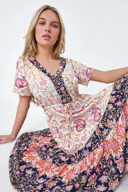 Roman Light Pink Petite Floral Border Print Midi Dress - 8 Image 3