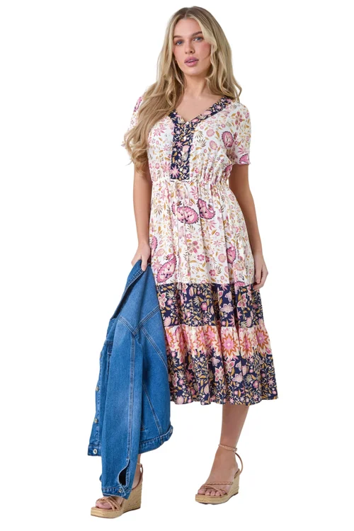 Roman Light Pink Petite Floral Border Print Midi Dress - 8 Image 1