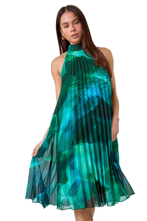 Roman Petite Dark Green Petite Abstract Halter Neck Pleated Dress - 12 Image 1
