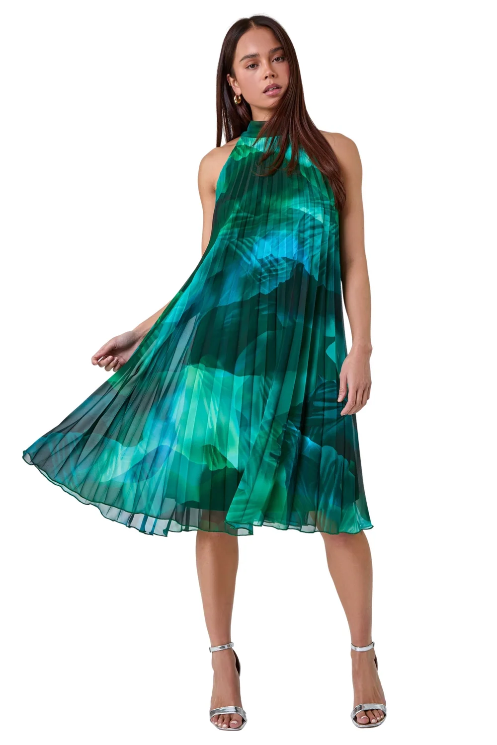 Roman Petite Dark Green Petite Abstract Halter Neck Pleated Dress - 12 Image 2