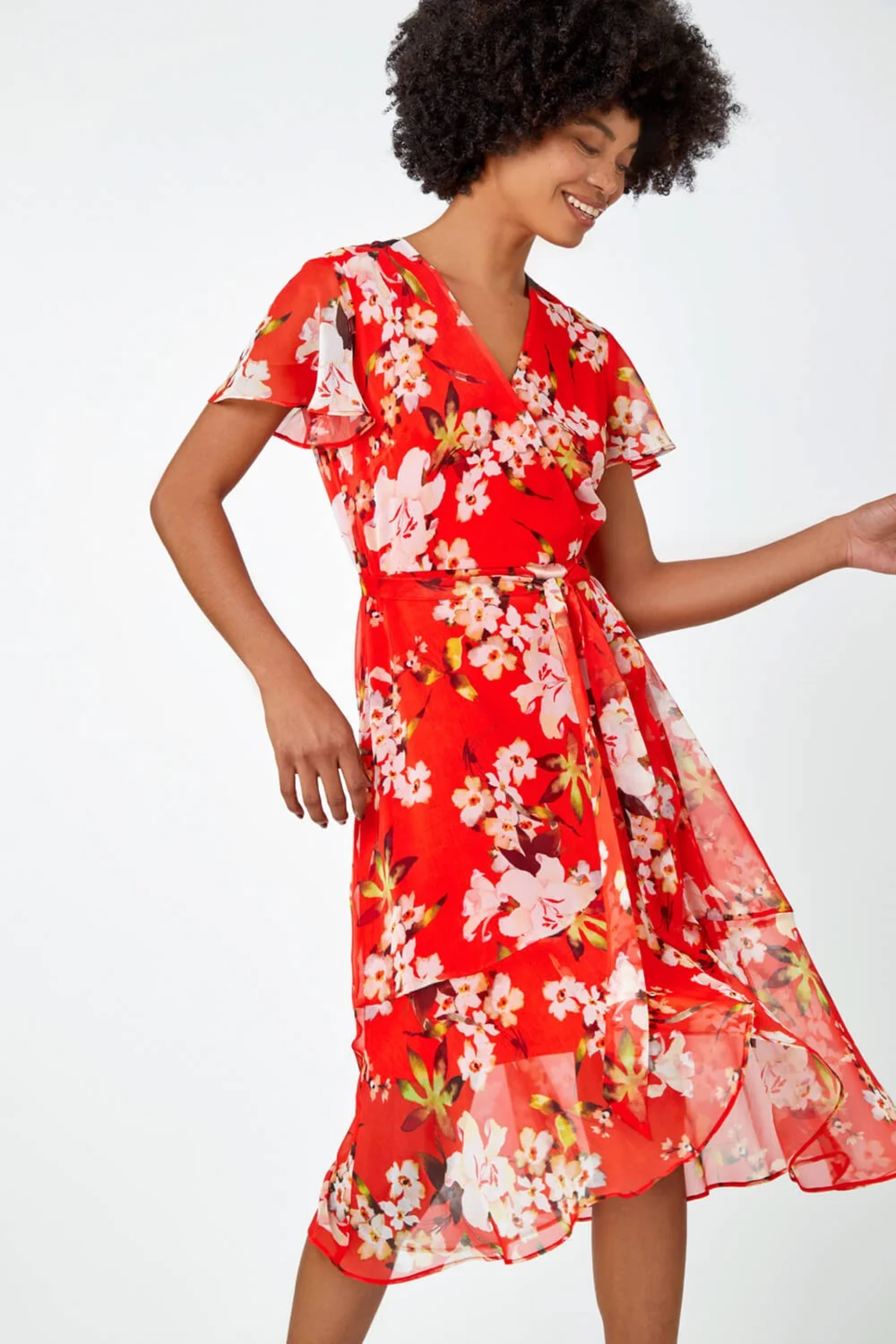 Roman Red Floral Print Chiffon Wrap Dress - 10 Image 2