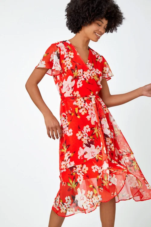 Roman Red Floral Print Chiffon Wrap Dress - 10 Image 2