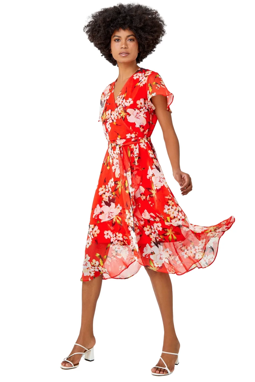 Roman Red Floral Print Chiffon Wrap Dress - 10 Image 1