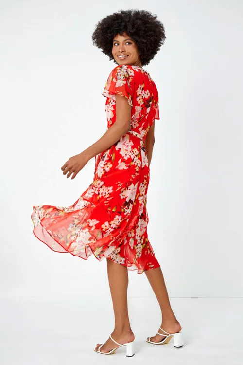 Roman Red Floral Print Chiffon Wrap Dress - 10 Image 3