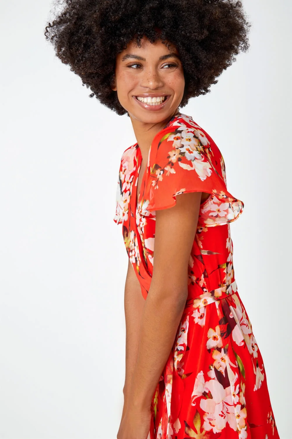 Roman Red Floral Print Chiffon Wrap Dress - 10 Image 4