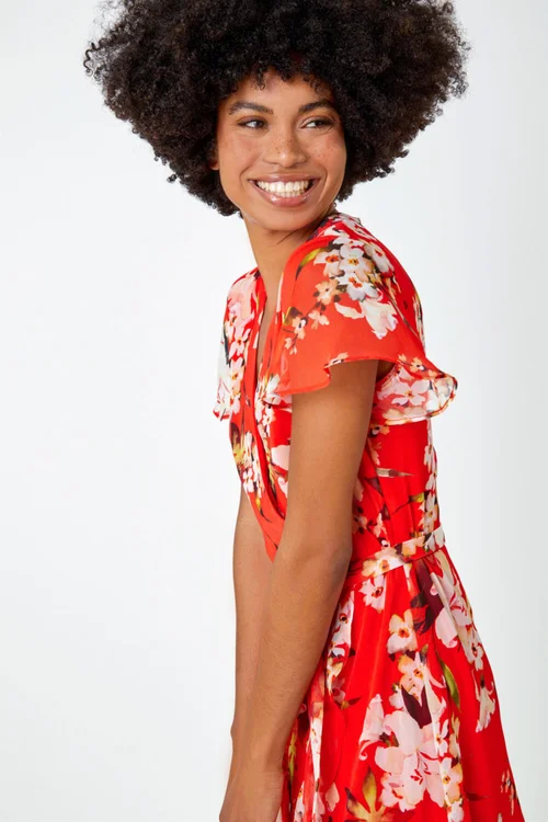 Roman Red Floral Print Chiffon Wrap Dress - 10 Image 4