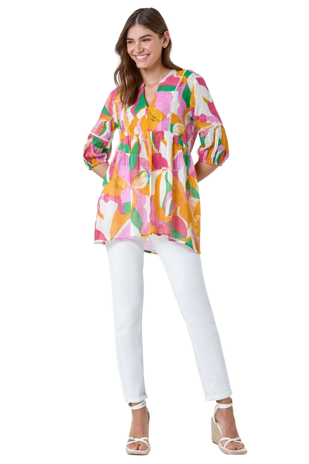 Roman Orange Abstract Ladder Lace Cotton V-Neck Smock Top - Size 24 Image 1