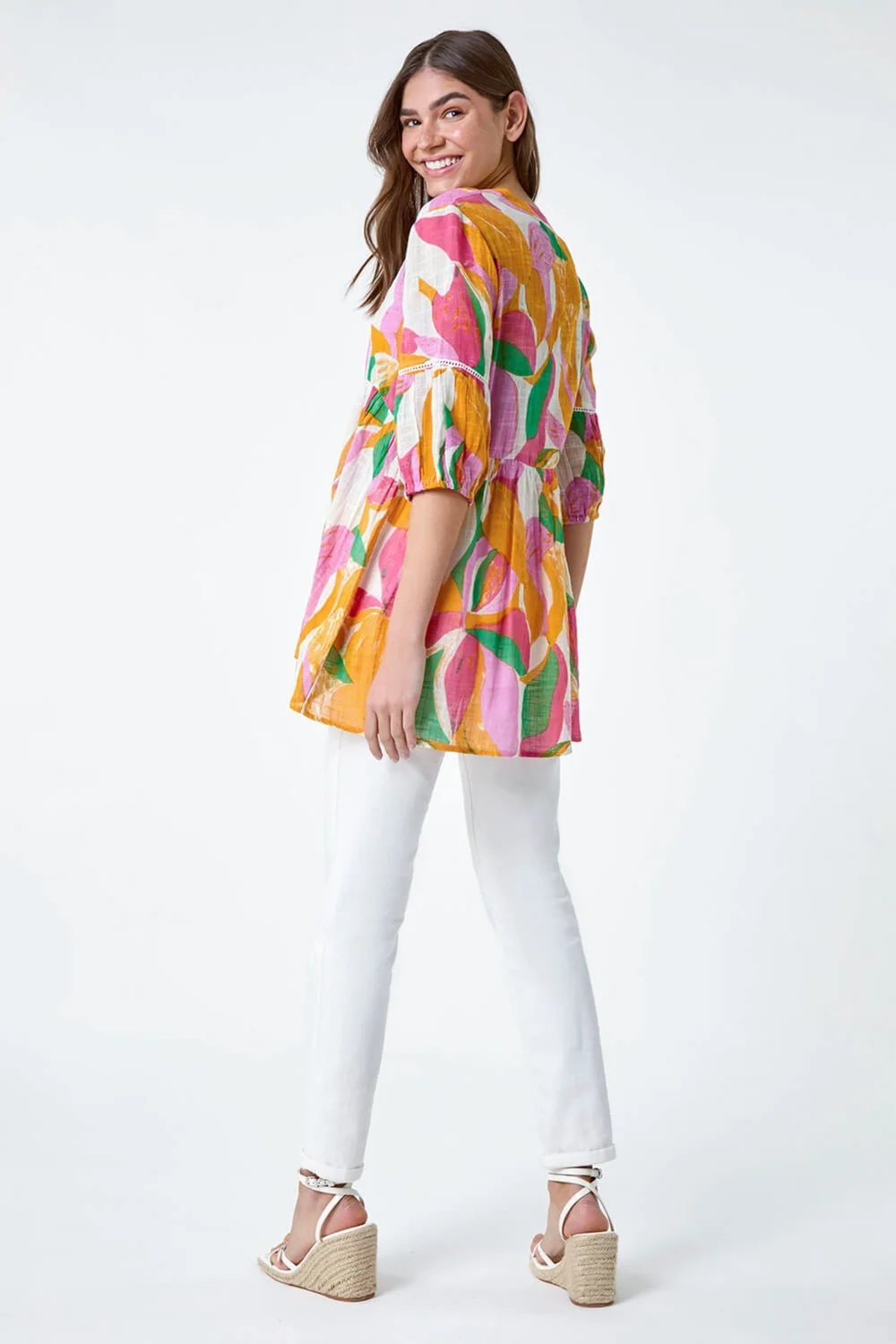 Roman Orange Abstract Ladder Lace Cotton V-Neck Smock Top - Size 24 Image 4