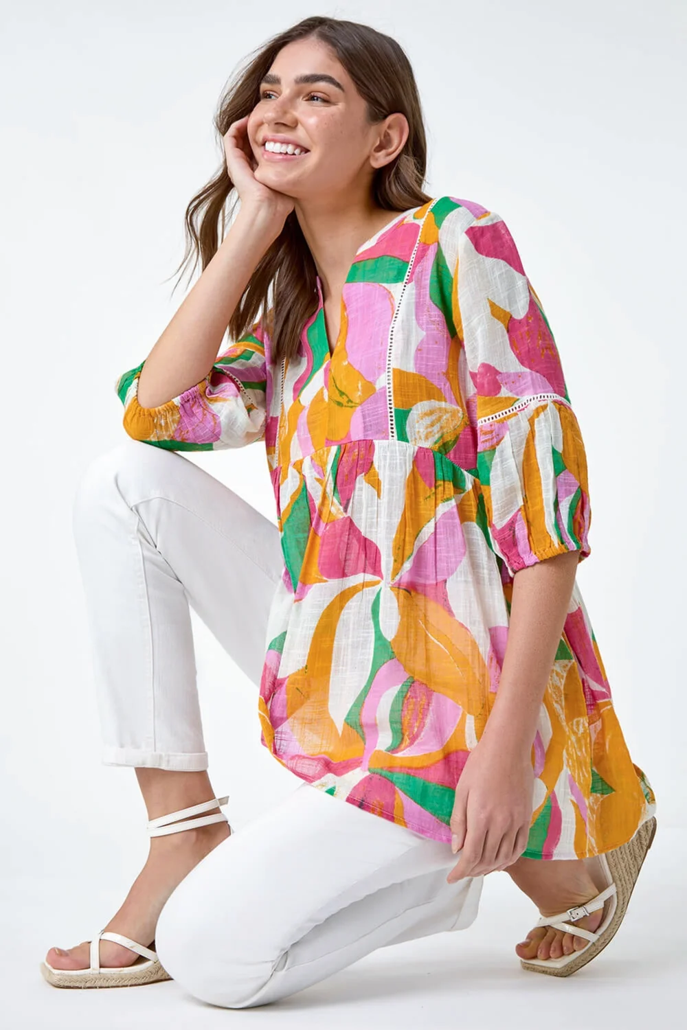 Roman Orange Abstract Ladder Lace Cotton V-Neck Smock Top - Size 24 Image 3