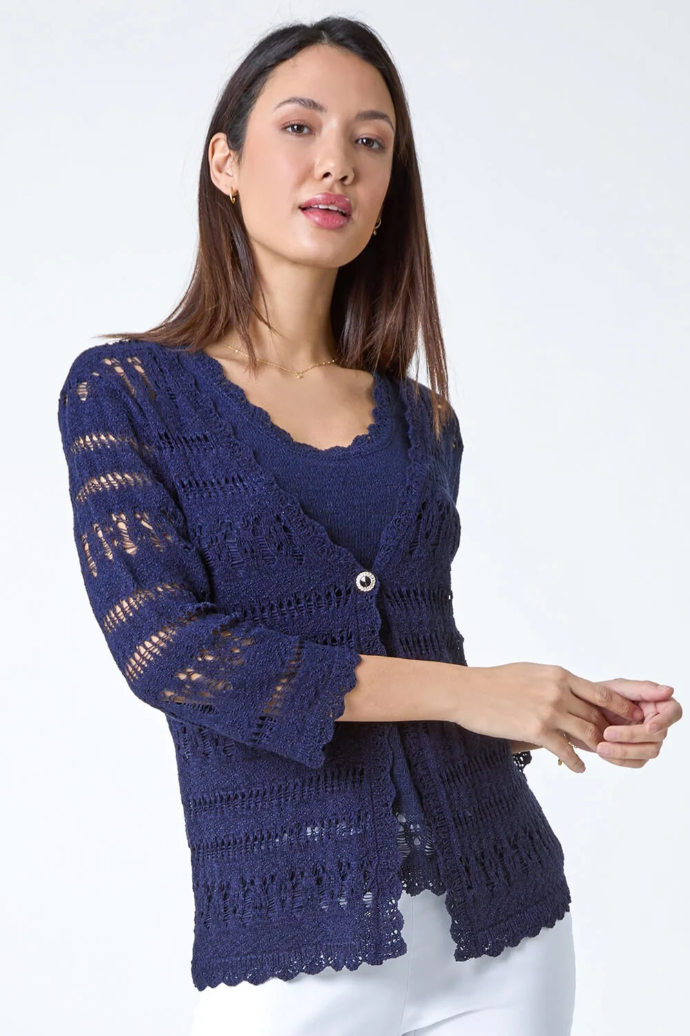 Roman Navy Crochet Single Button V-Neck Cardigan - Size 12 Image 4