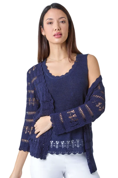 Roman Navy Crochet Single Button V-Neck Cardigan - Size 12 Image 1