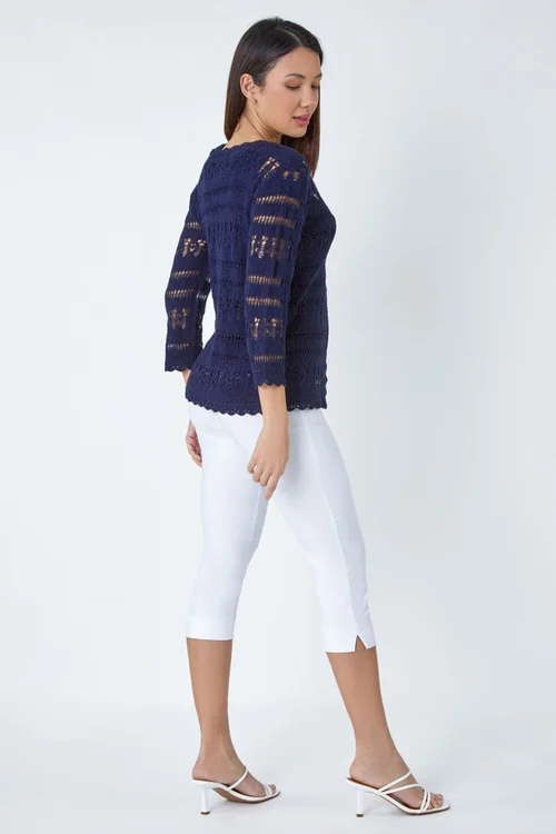 Roman Navy Crochet Single Button V-Neck Cardigan - Size 12 Image 3