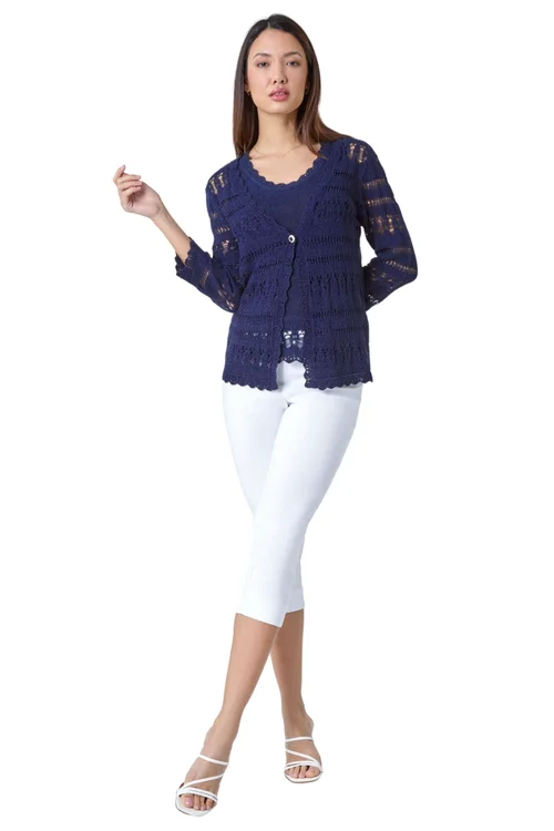 Roman Navy Crochet Single Button V-Neck Cardigan - Size 12 Image 2