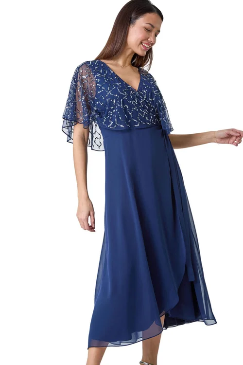Roman Navy Sequin Embellished Chiffon Wrap Maxi Dress - 10 Image 1