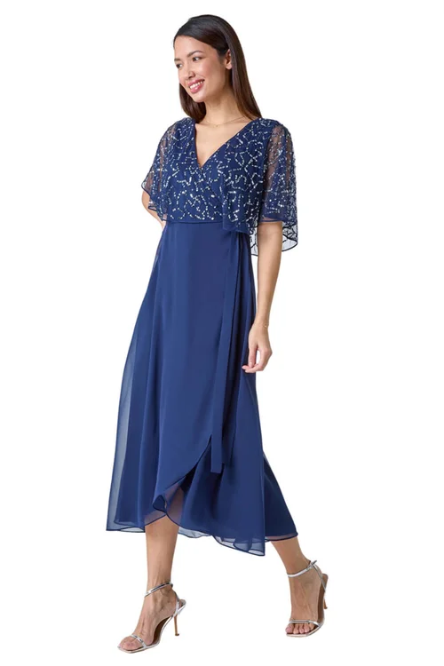 Roman Navy Sequin Embellished Chiffon Wrap Maxi Dress - 10 Image 2