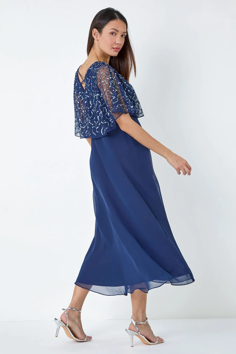 Roman Navy Sequin Embellished Chiffon Wrap Maxi Dress - 10 Image 3