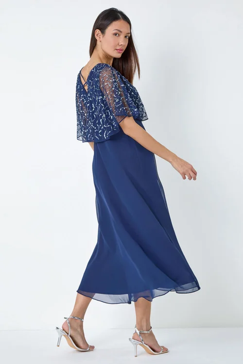 Roman Navy Sequin Embellished Chiffon Wrap Maxi Dress - 10 Image 3